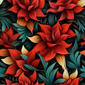 Floral Pattern in Red, Orange, Yellow on Black Background