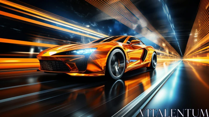 Gold Sports Car in Futuristic Tunnel AI Image