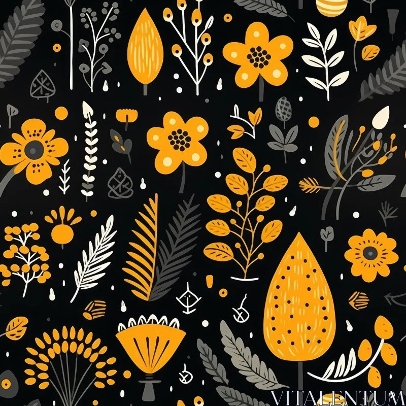 Hand-Drawn Floral Pattern on Black Background AI Image