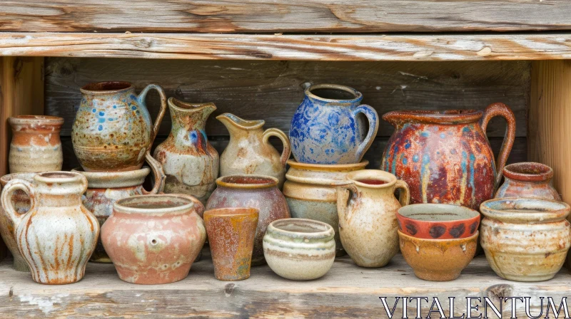 Handmade Ceramic Pottery on Wooden Shelf - Artistic Home Decor AI Image