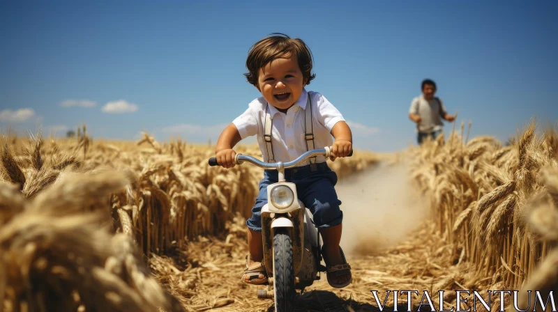 Joyful Boy Riding Bike in Wheat Field AI Image