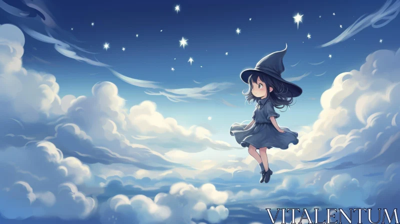 Joyful Little Witch in Blue Sky AI Image