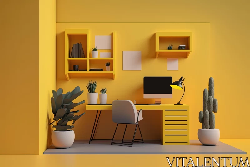 Modern Dark Yellow Room with Computer Monitor, Cactus Garden, and Shelves AI Image