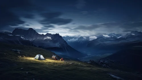 Nighttime Campsite in Snowy Mountains with Glowing Campfire