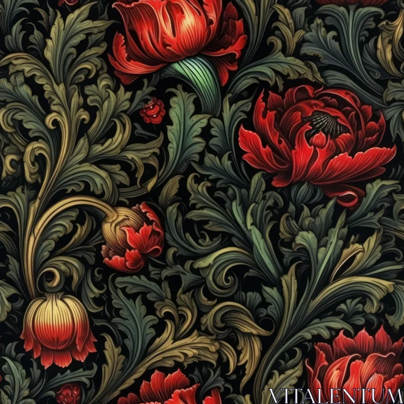 Seamless Floral Pattern with Red Poppies and Green Leaves AI Image