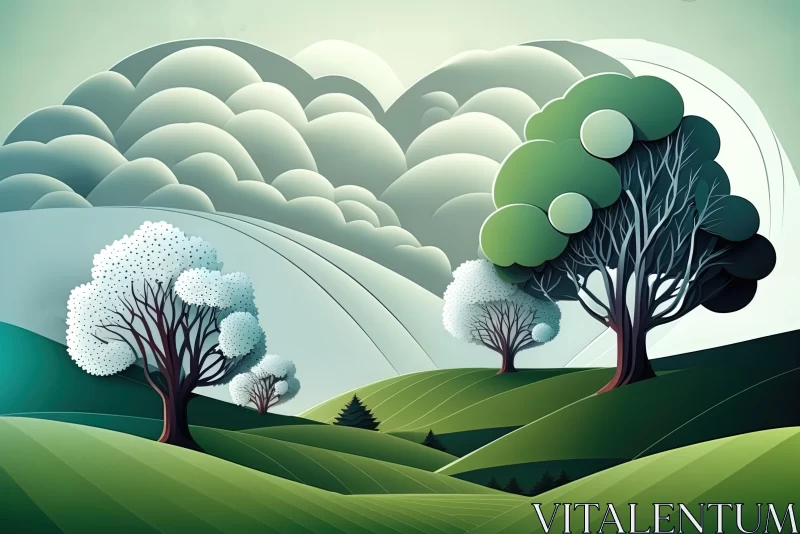 Tree Line Art with Clouds in the Valley - Romantic Illustration AI Image