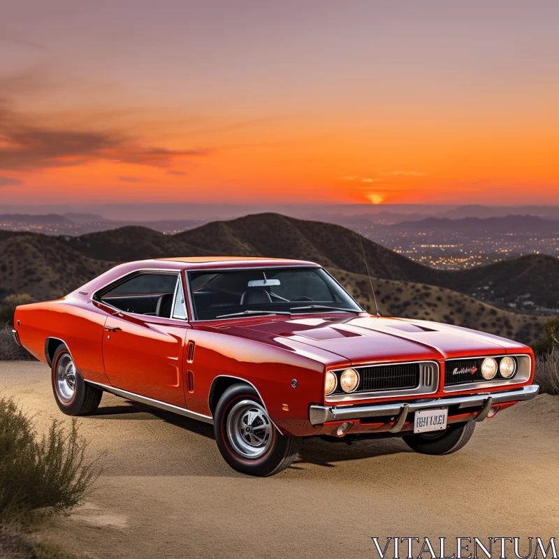 Vintage Muscle Car at Sunset: Captivating Celebrity Photography AI Image
