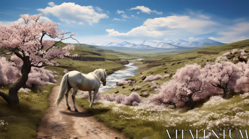 White Horse Adventure: A Fantasy Landscape with Cherry Blossoms AI Image