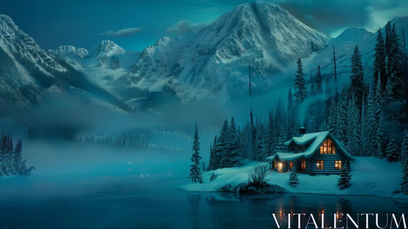 Winter Cabin by Frozen Lake - Serene Landscape AI Image