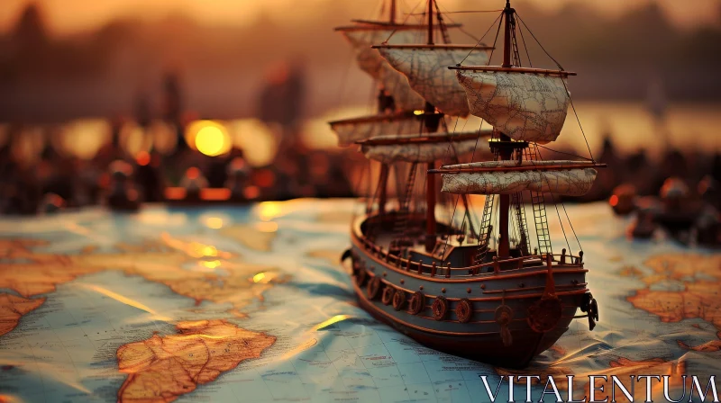 AI ART Wooden Model Ship on World Map with Sunset Background