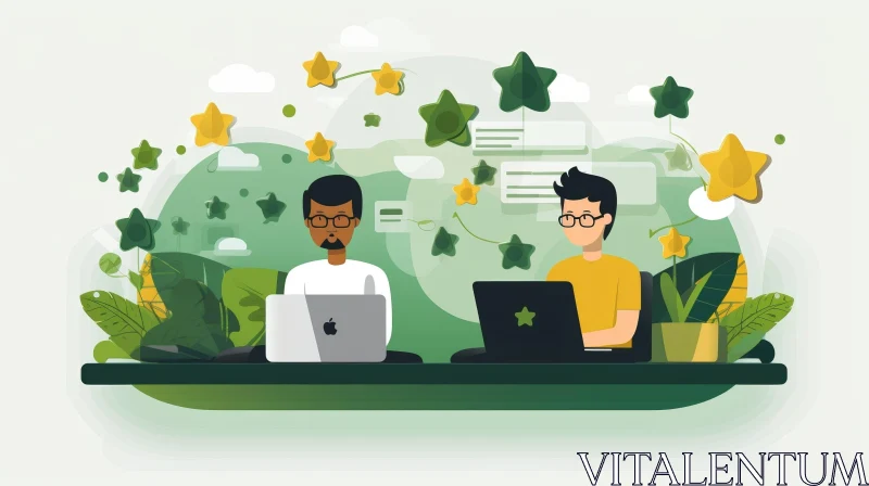 Work on Laptops Vector Illustration in Green Space AI Image