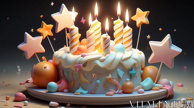 Birthday Cake with Lit Candles and Stars - 3D Rendering AI Image