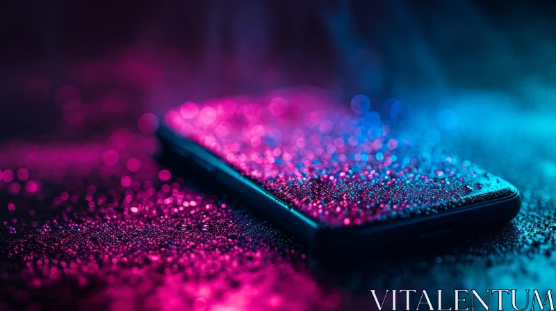 AI ART Close-up of a Black Smartphone on a Wet Surface | Pink and Blue Lights