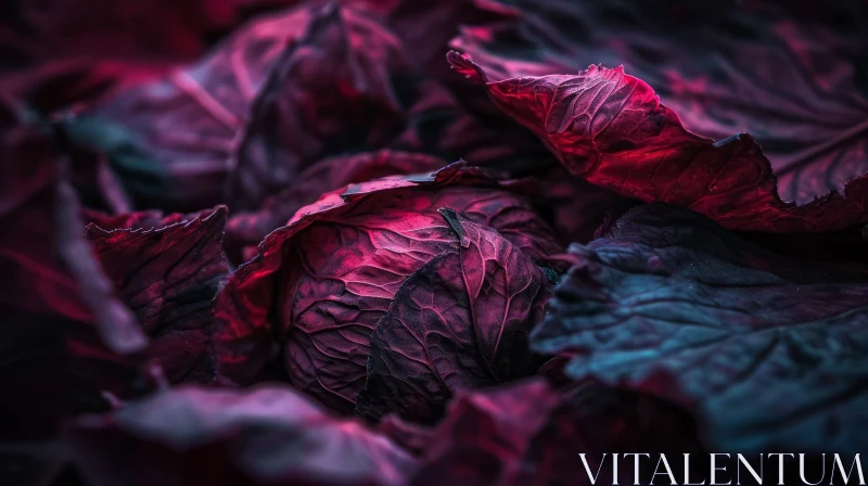 Close-up of Red Cabbage surrounded by Deep Purple Leaves AI Image