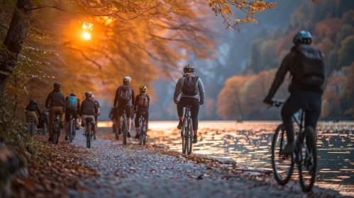 Cycling in Autumn: Lakeside Path Sunset Scene