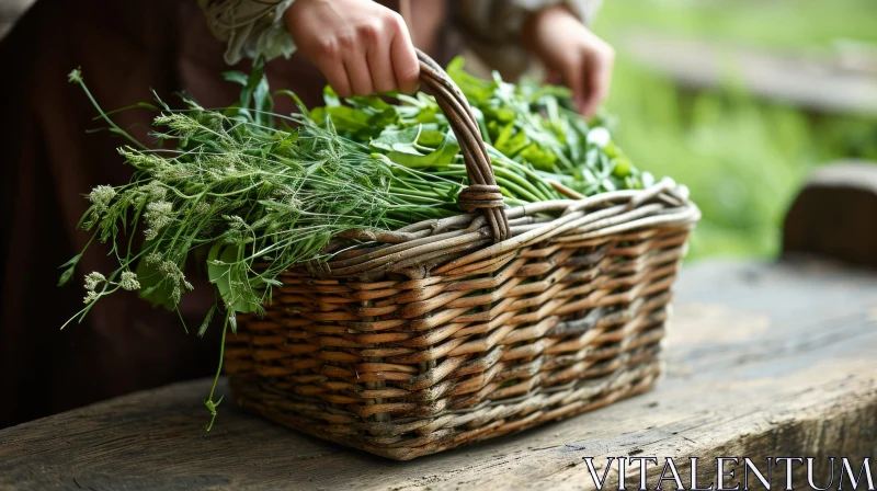 Delicate Still Life: Person with Wicker Basket of Green Vegetables AI Image