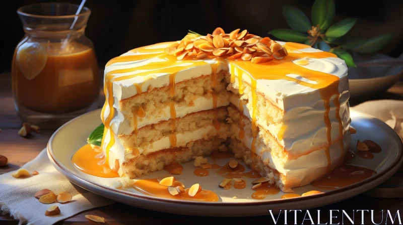 Delicious Cake with Cream, Syrup, and Almonds AI Image