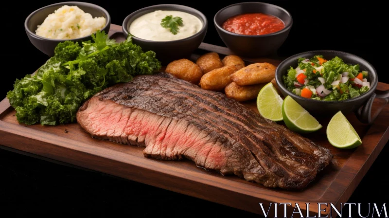 Delicious Healthy Meal: Steak, Roasted Potatoes, Salad & Dipping Sauces AI Image