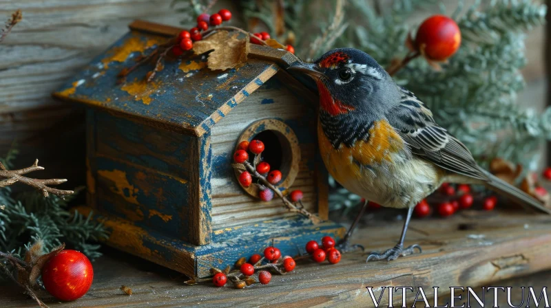 Enchanting Birdhouse with Colorful Bird on a Wooden Table AI Image
