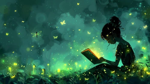 Enchanting Forest Illustration: Girl Reading Book