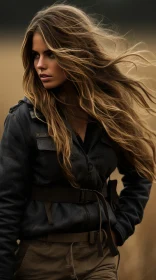 Long-Haired Woman in Dark Jacket amidst Field - Urban Edge Artistry