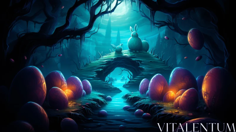 Mystical Easter Forest with Bunnies and Red Eggs AI Image