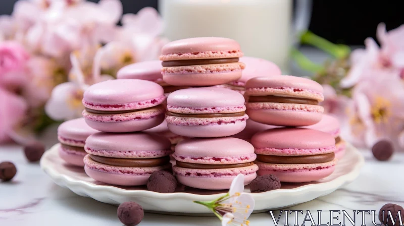 Pink Macarons on White Plate AI Image