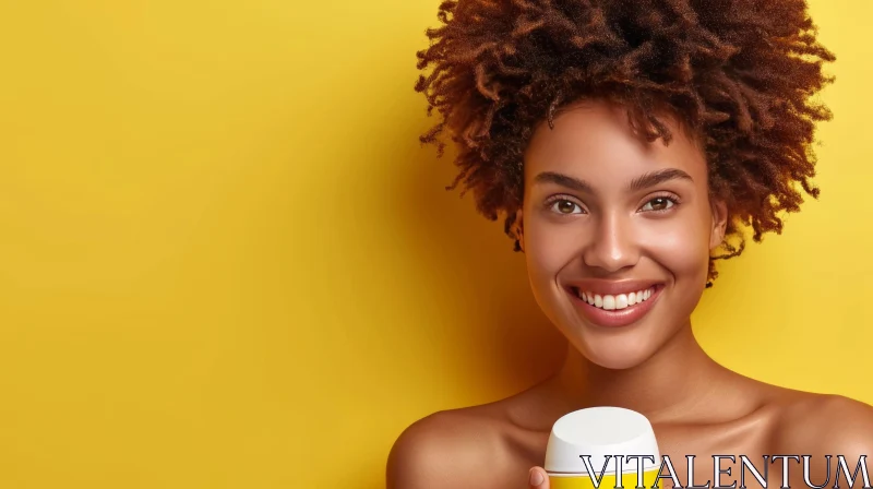 Radiant African-American Woman with Curly Hair Holding Face Cream AI Image