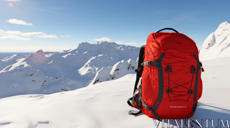 AI ART Red Backpack on Snowy Mountain - Adventure Landscape View