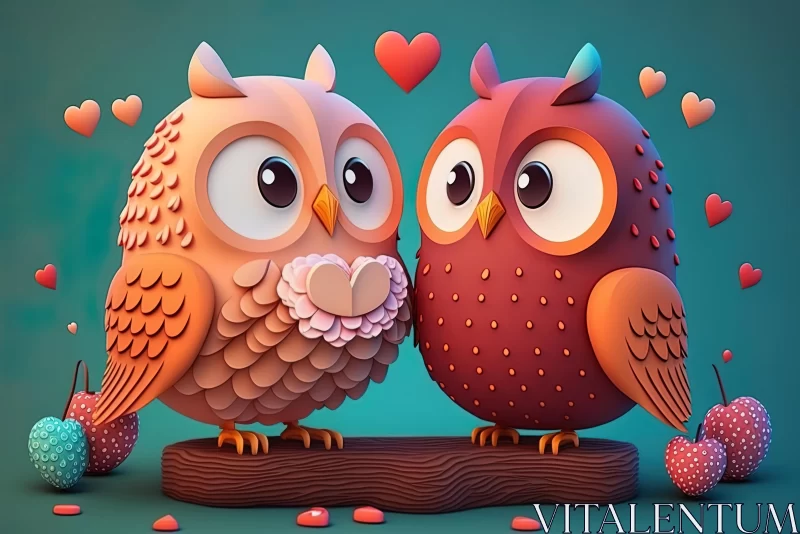 Romantic Owl Illustrations: Animation with Hearts on Wood AI Image