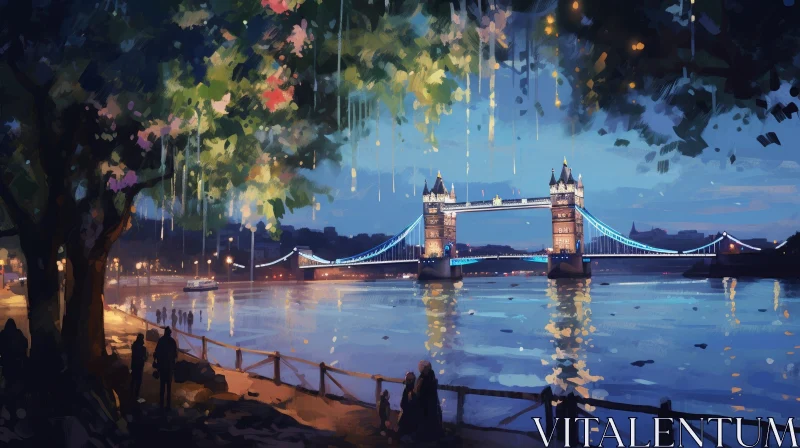Tower Bridge London Night Scene Painting AI Image
