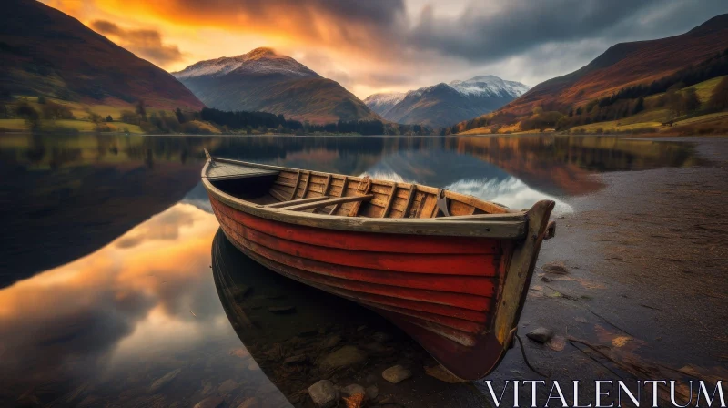 Tranquil Lake Landscape with Red Boat and Mountains AI Image