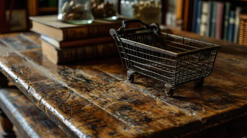 Vintage Metal Shopping Cart on Wooden Table
