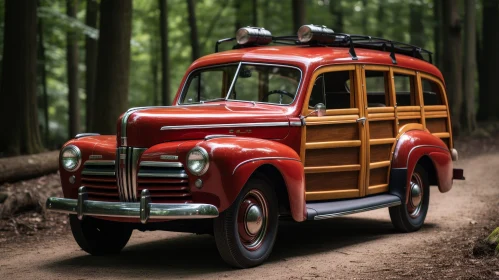 Vintage Red Ford Woody Wagon in Forest