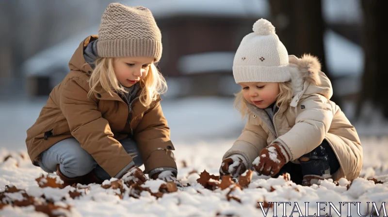 Winter Fun: Two Little Girls Playing in the Snow AI Image