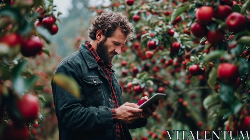 Young Male Farmer in Apple Orchard with Tablet AI Image