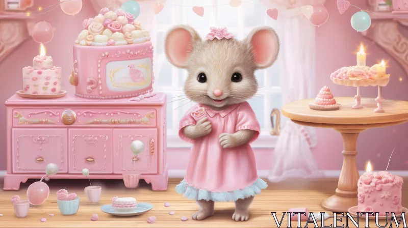 Adorable Cartoon Mouse in Pink Room AI Image
