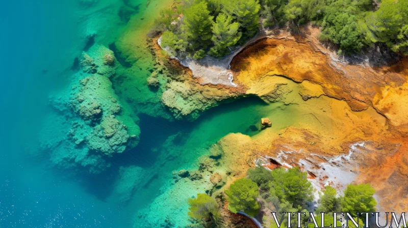 Aerial View of a Colorful Lake Surrounded by Green Trees AI Image