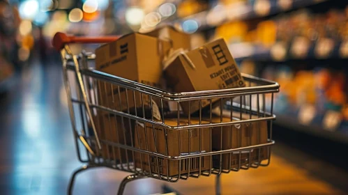 Close-Up Shopping Cart with Cardboard Boxes in Supermarket