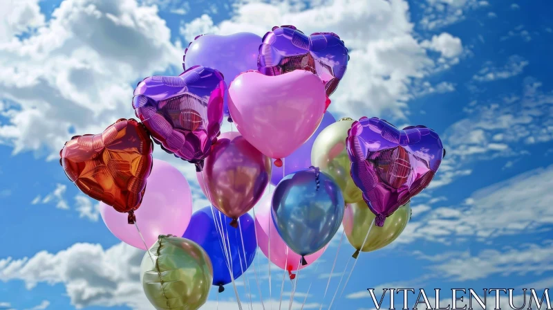Colorful Heart-Shaped Balloons in the Sky AI Image