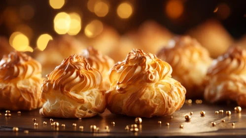 Delicious Cream Puffs on Wooden Table