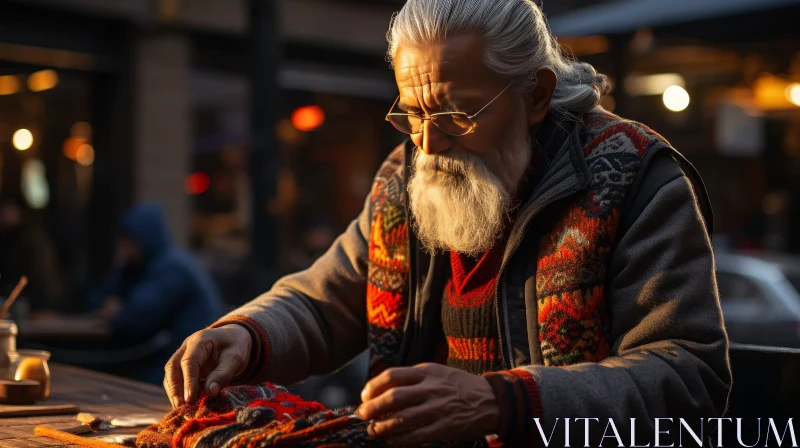Elderly Man Knitting Project Street Scene AI Image