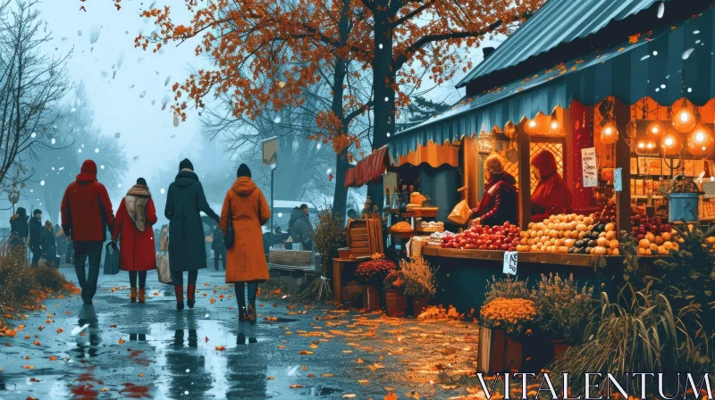 Fall Streetscape in European City: Colorful Leaves, Market Stall, and Church AI Image