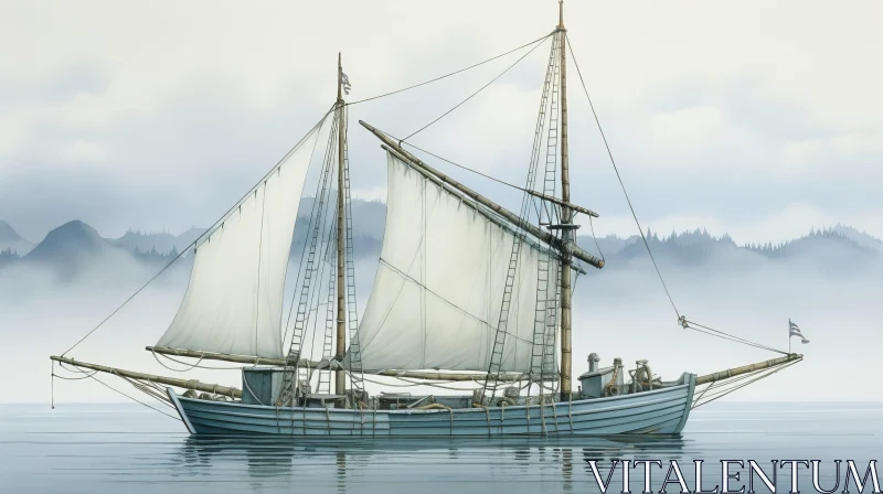 Historical Sailing Ship at Sea with Mountains AI Image