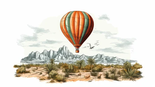 Hot Air Balloon Illustration Over Desert Landscape