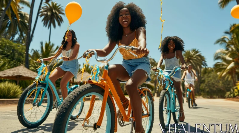 Joyful African American Women Riding Bicycles with Yellow Balloons AI Image