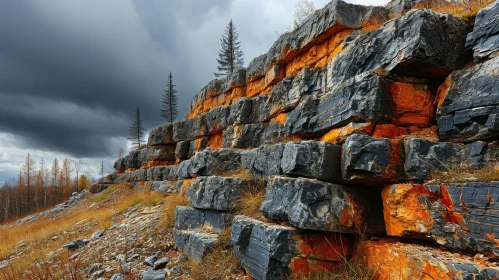 Majestic Rocky Slope with Boulders, Fir Trees, and Moody Sky