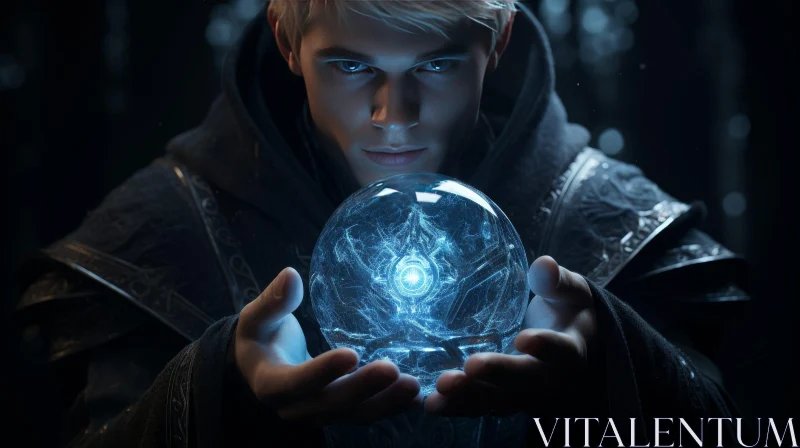 Mysterious Young Man with Glowing Orb AI Image