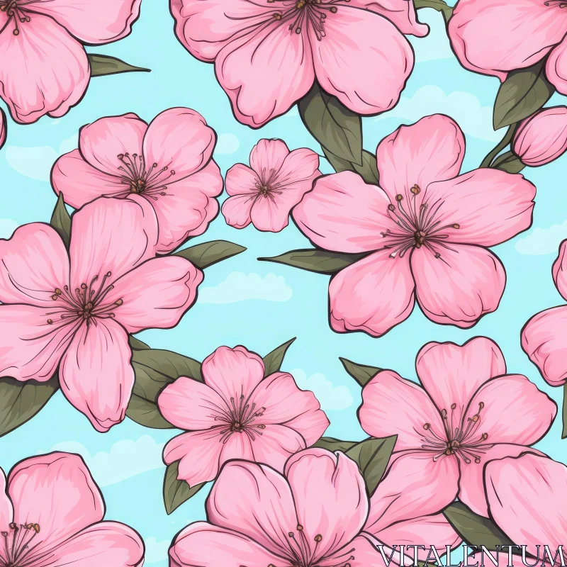 AI ART Pink Cherry Blossoms on Blue Background - Floral Seamless Pattern