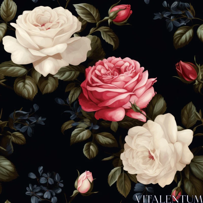 Realistic Roses Seamless Pattern on Black Background AI Image